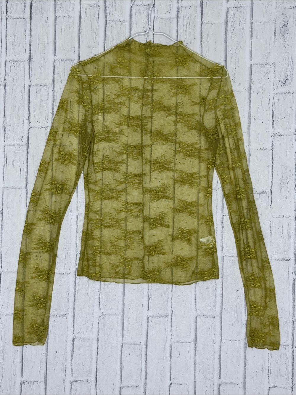 🫒 Olive Green Sheer Lace Mesh Long Sleeve Mock Neck Top Medium